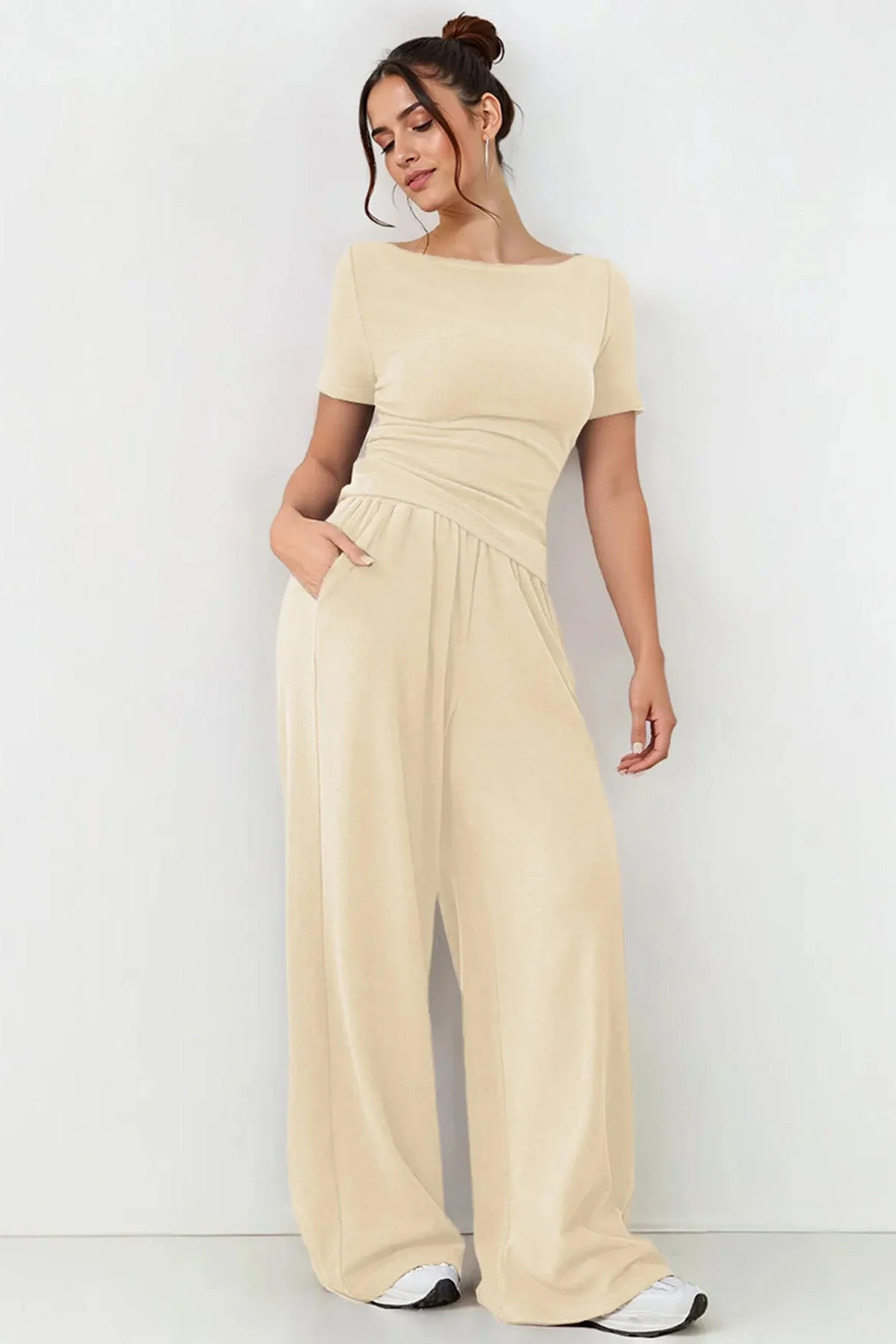 KATCH ME Scoop Neck Short Sleeve Slim Top & Wide Leg Pocket Trousers Co-ord Set