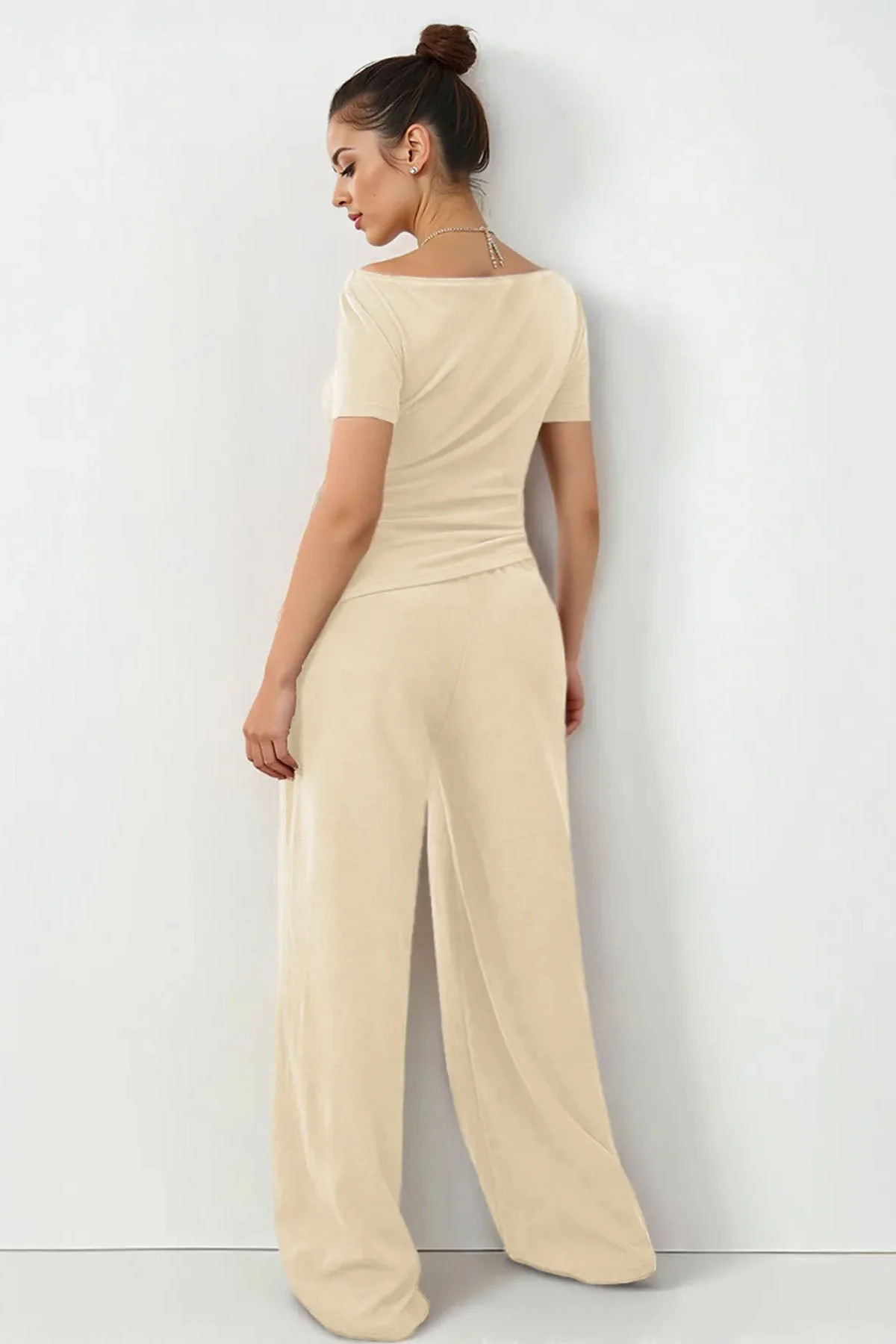 KATCH ME Scoop Neck Short Sleeve Slim Top & Wide Leg Pocket Trousers Co-ord Set - Image 2