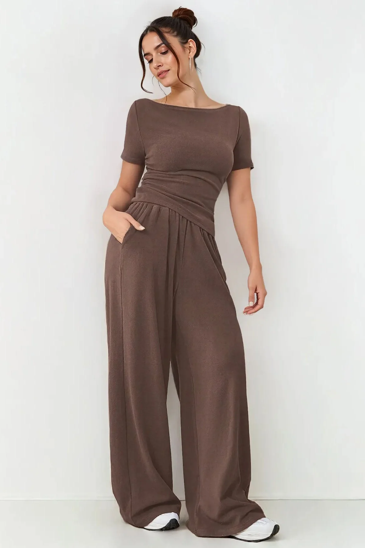 KATCH ME Scoop Neck Short Sleeve Slim Top & Wide Leg Pocket Trousers Co-ord Set - Image 3