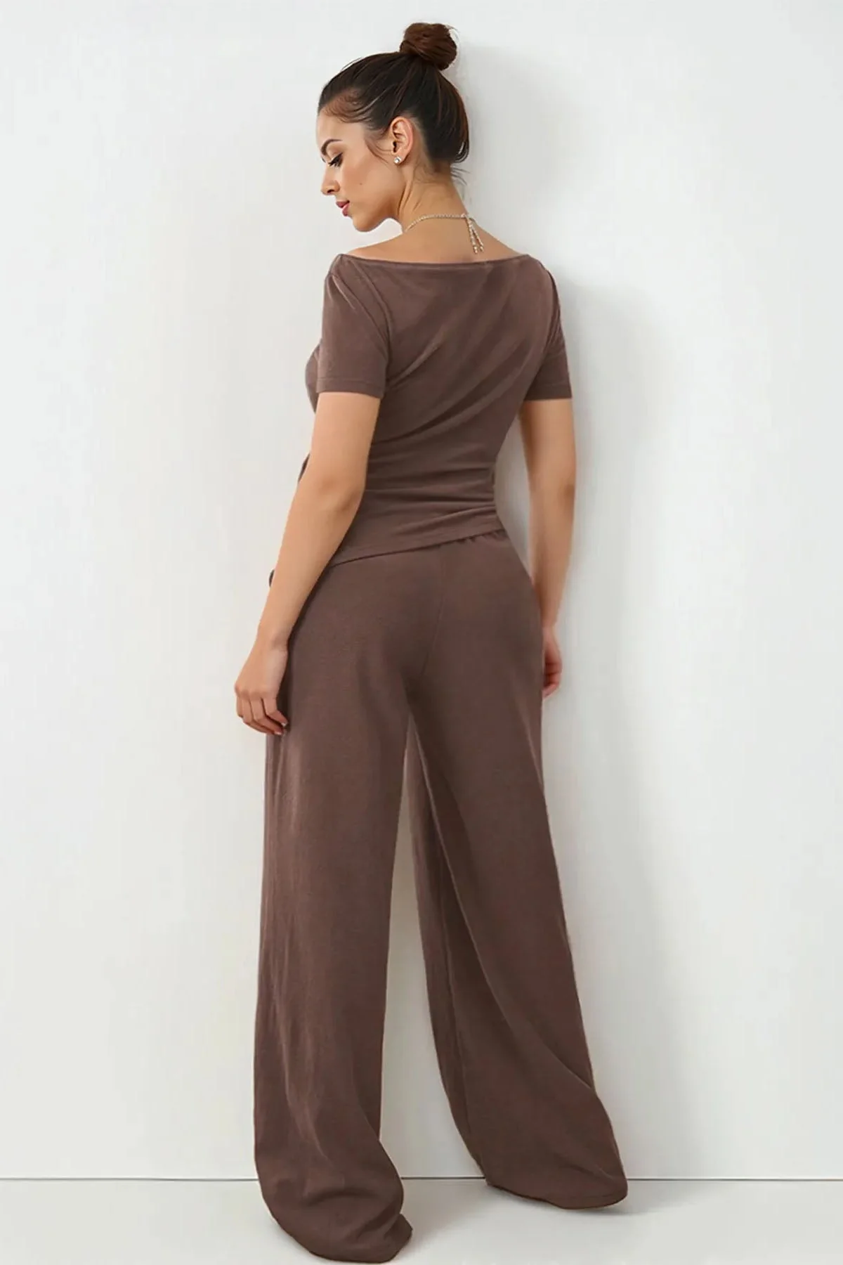 KATCH ME Scoop Neck Short Sleeve Slim Top & Wide Leg Pocket Trousers Co-ord Set - Image 4