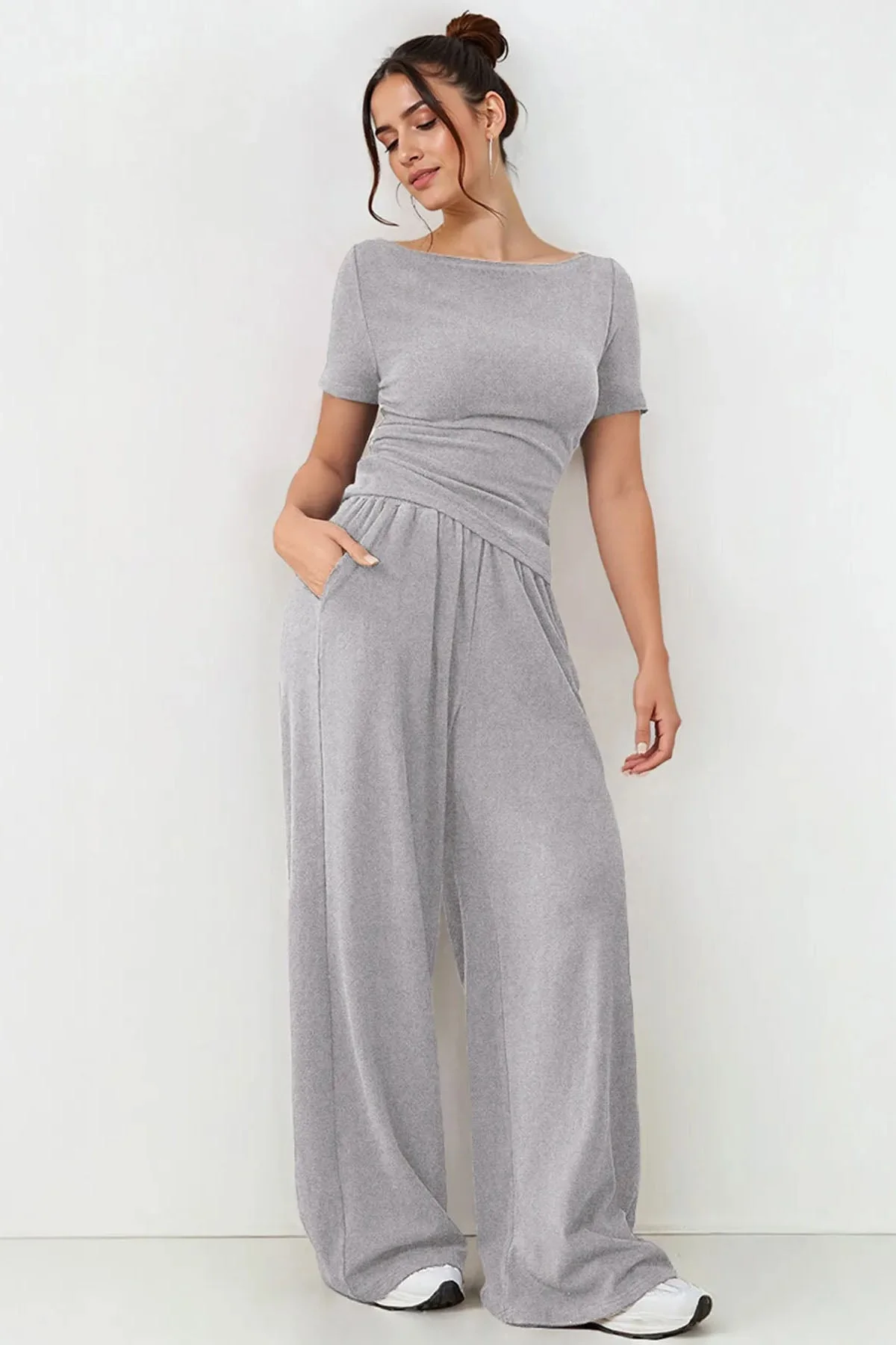 KATCH ME Scoop Neck Short Sleeve Slim Top & Wide Leg Pocket Trousers Co-ord Set - Image 5