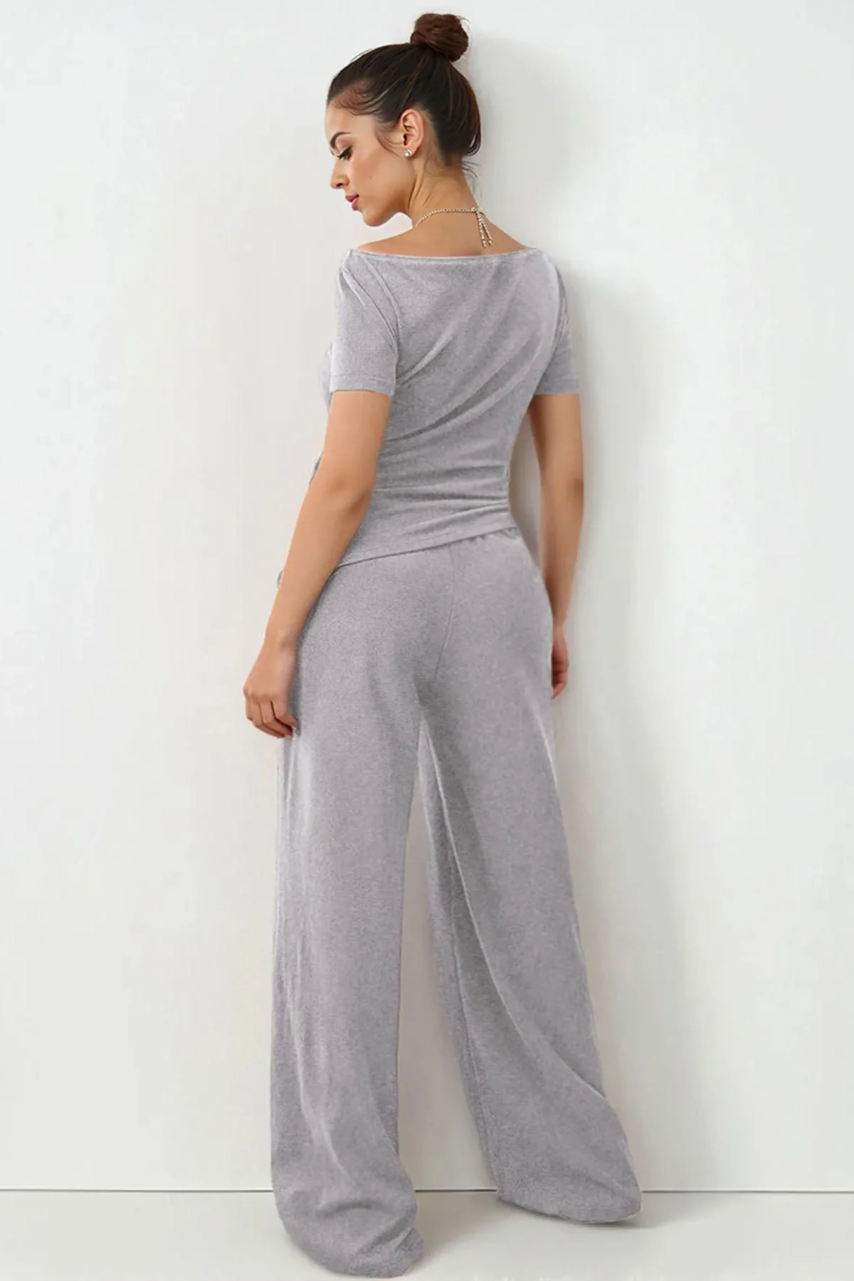 KATCH ME Scoop Neck Short Sleeve Slim Top & Wide Leg Pocket Trousers Co-ord Set - Image 6