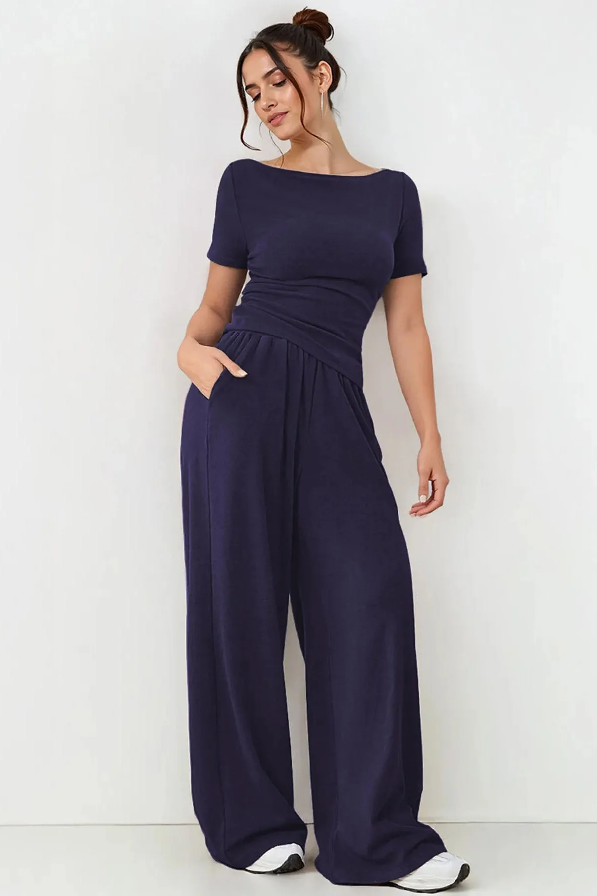KATCH ME Scoop Neck Short Sleeve Slim Top & Wide Leg Pocket Trousers Co-ord Set - Image 7