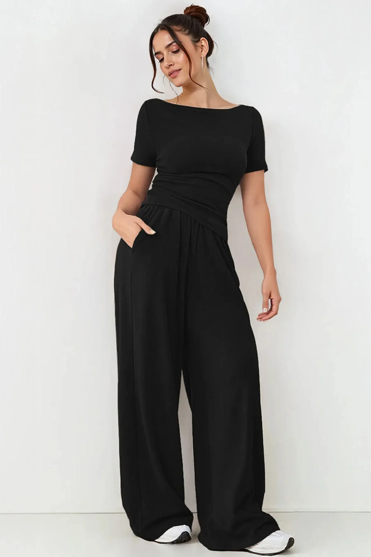 KATCH ME Scoop Neck Short Sleeve Slim Top & Wide Leg Pocket Trousers Co-ord Set - Image 9