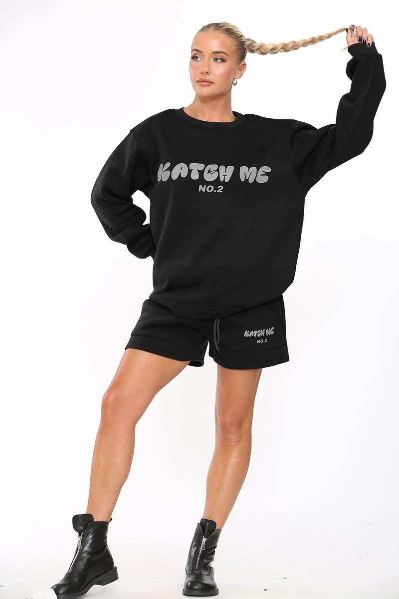 KATCH ME Black Letter Print Crewneck Sweatshirt & Drawstring Shorts Co-ord Set - Image 2