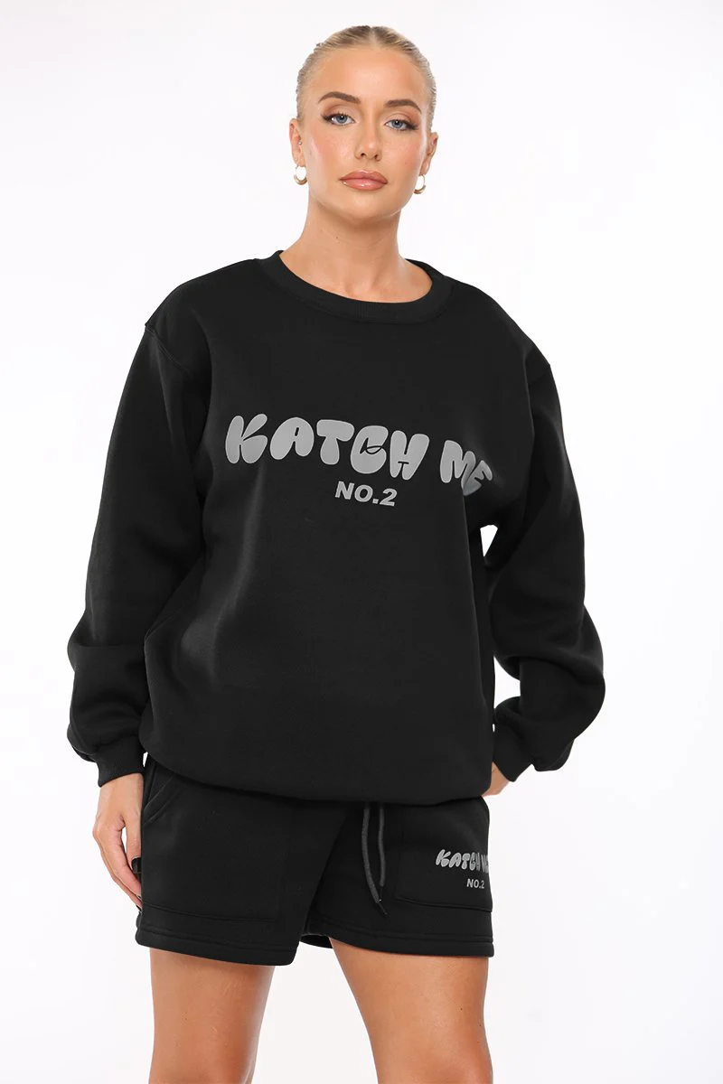 KATCH ME Black Letter Print Crewneck Sweatshirt & Drawstring Shorts Co-ord Set - Image 3