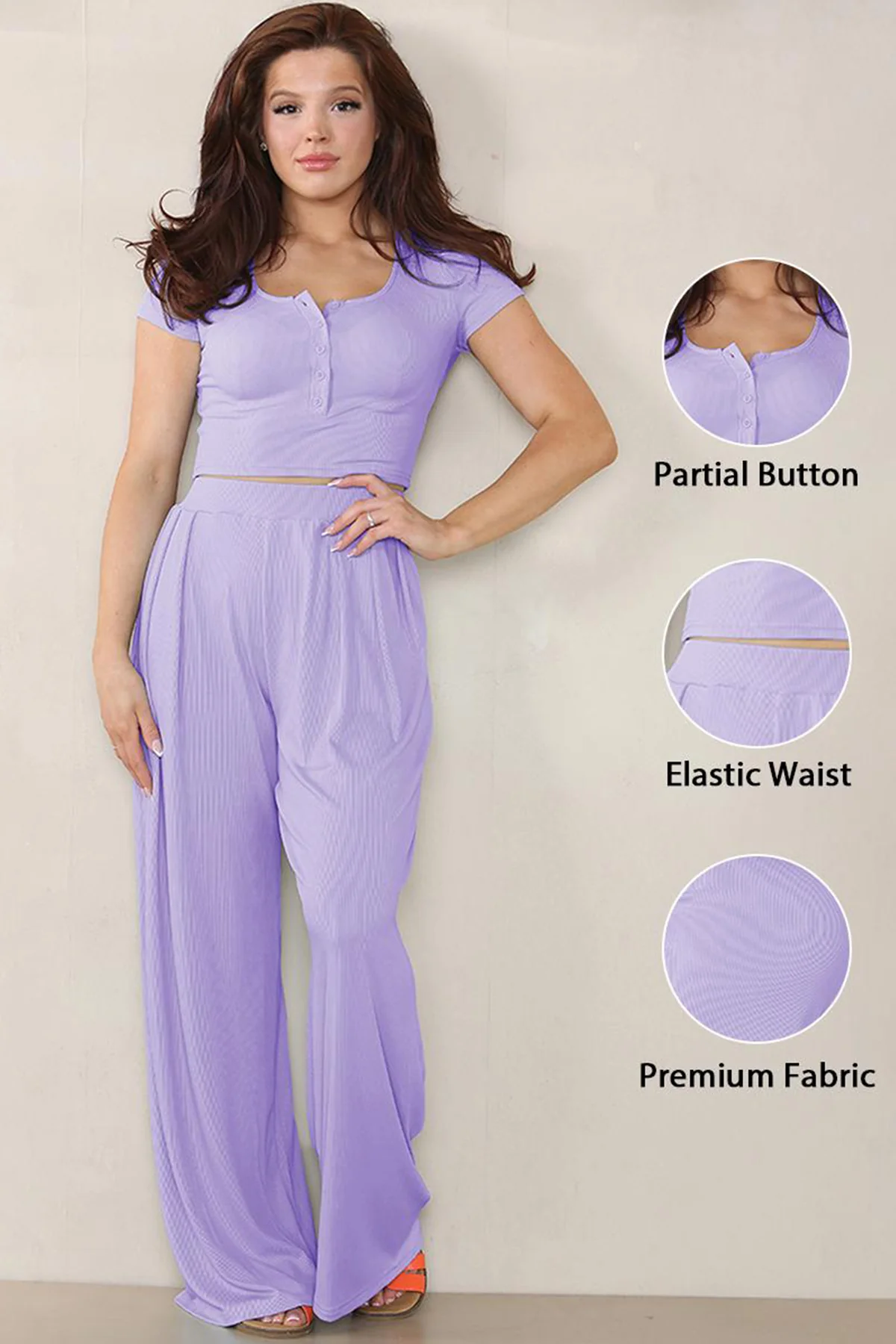 KATCH ME Partial Button Slim Top & Wide Leg Trousers Co-ord Set - Image 2