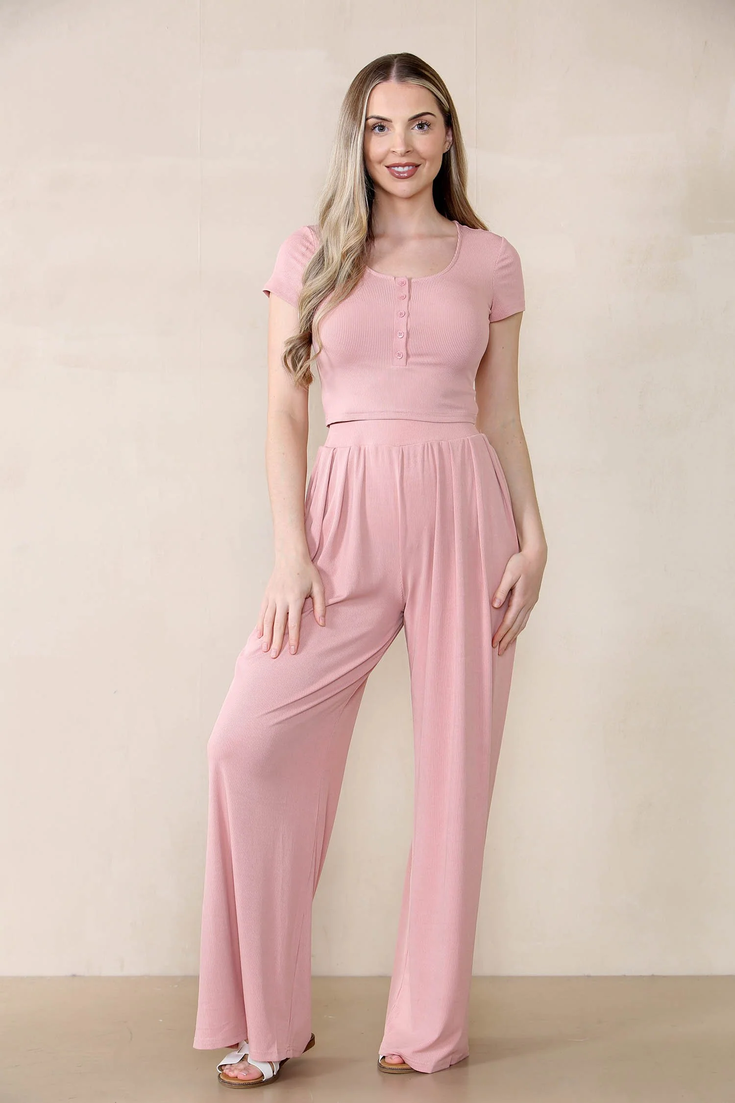 KATCH ME Partial Button Slim Top & Wide Leg Trousers Co-ord Set - Image 4