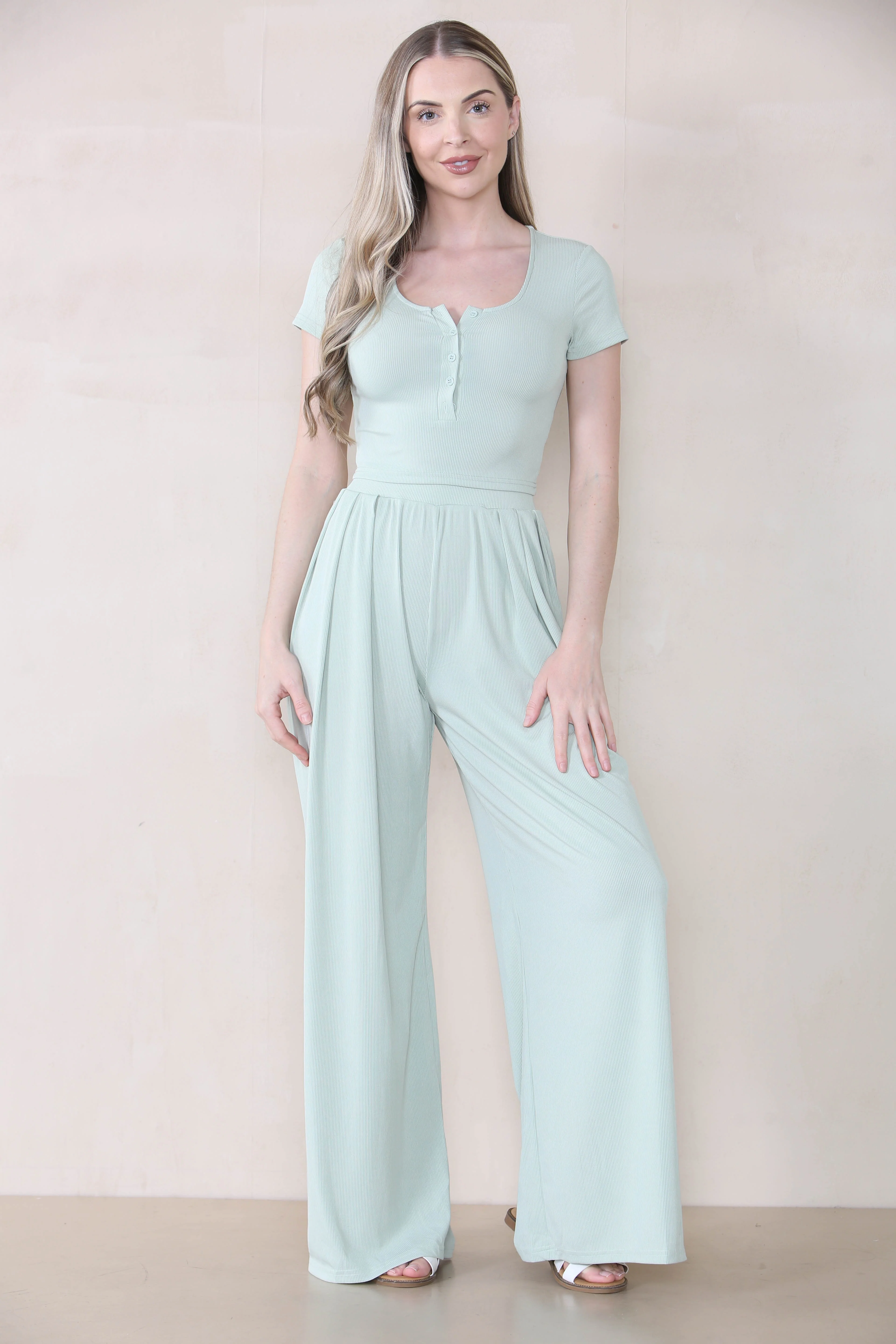 KATCH ME Partial Button Slim Top & Wide Leg Trousers Co-ord Set - Image 5