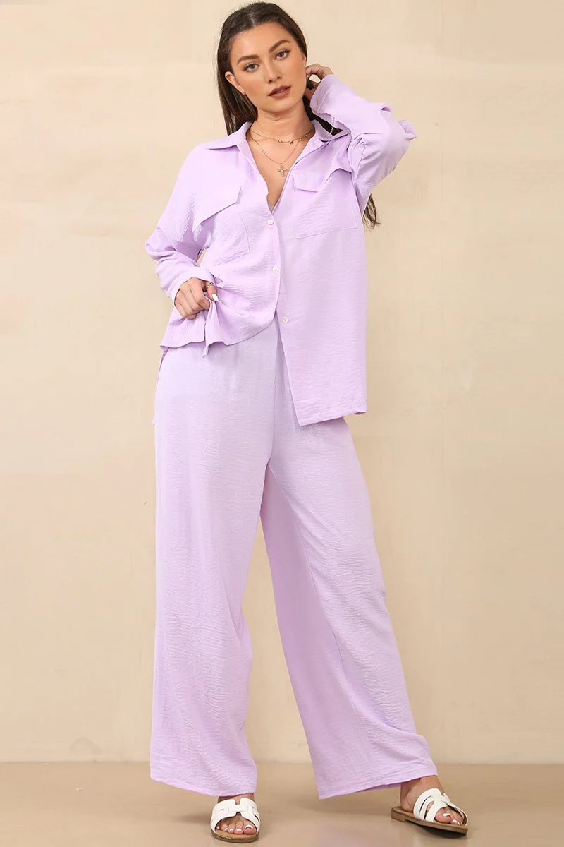 KATCH ME Solid Flap Pocket Loose Shirt Wide Leg Co-ord Set - Image 2
