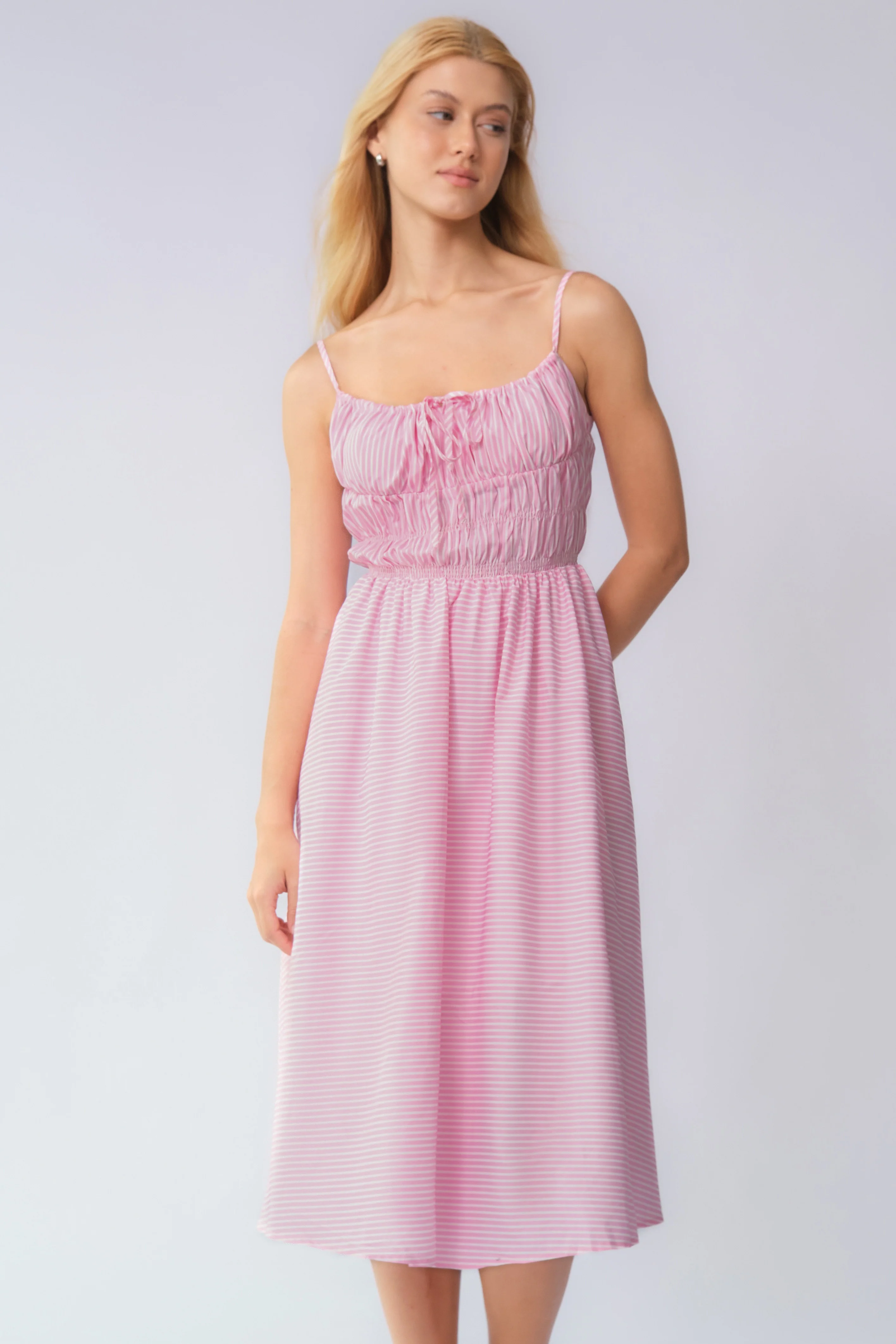 KATCH ME Spaghetti Strap Front Tie Ruched Stripe Maxi Dress