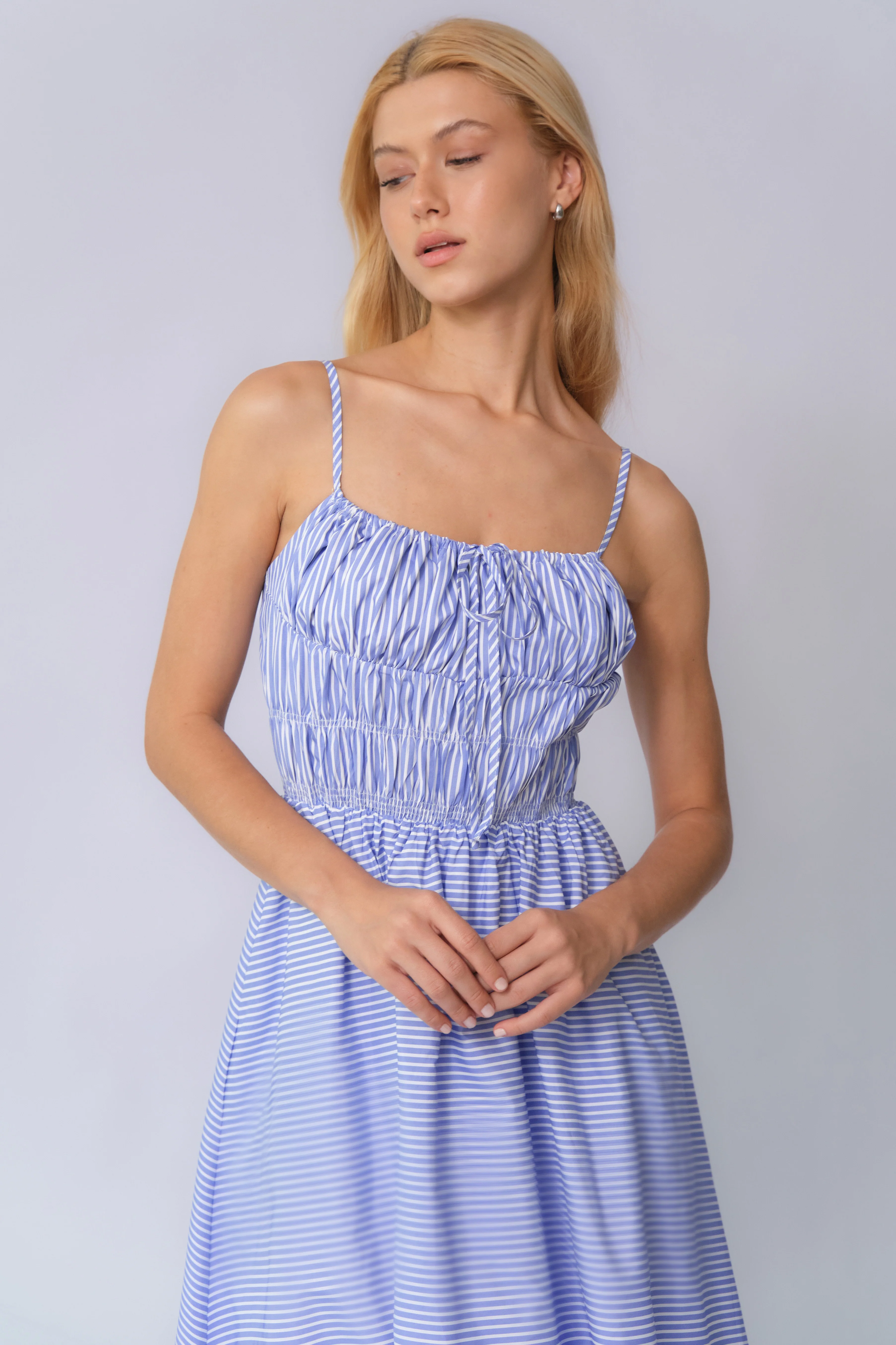KATCH ME Spaghetti Strap Front Tie Ruched Stripe Maxi Dress - Image 4