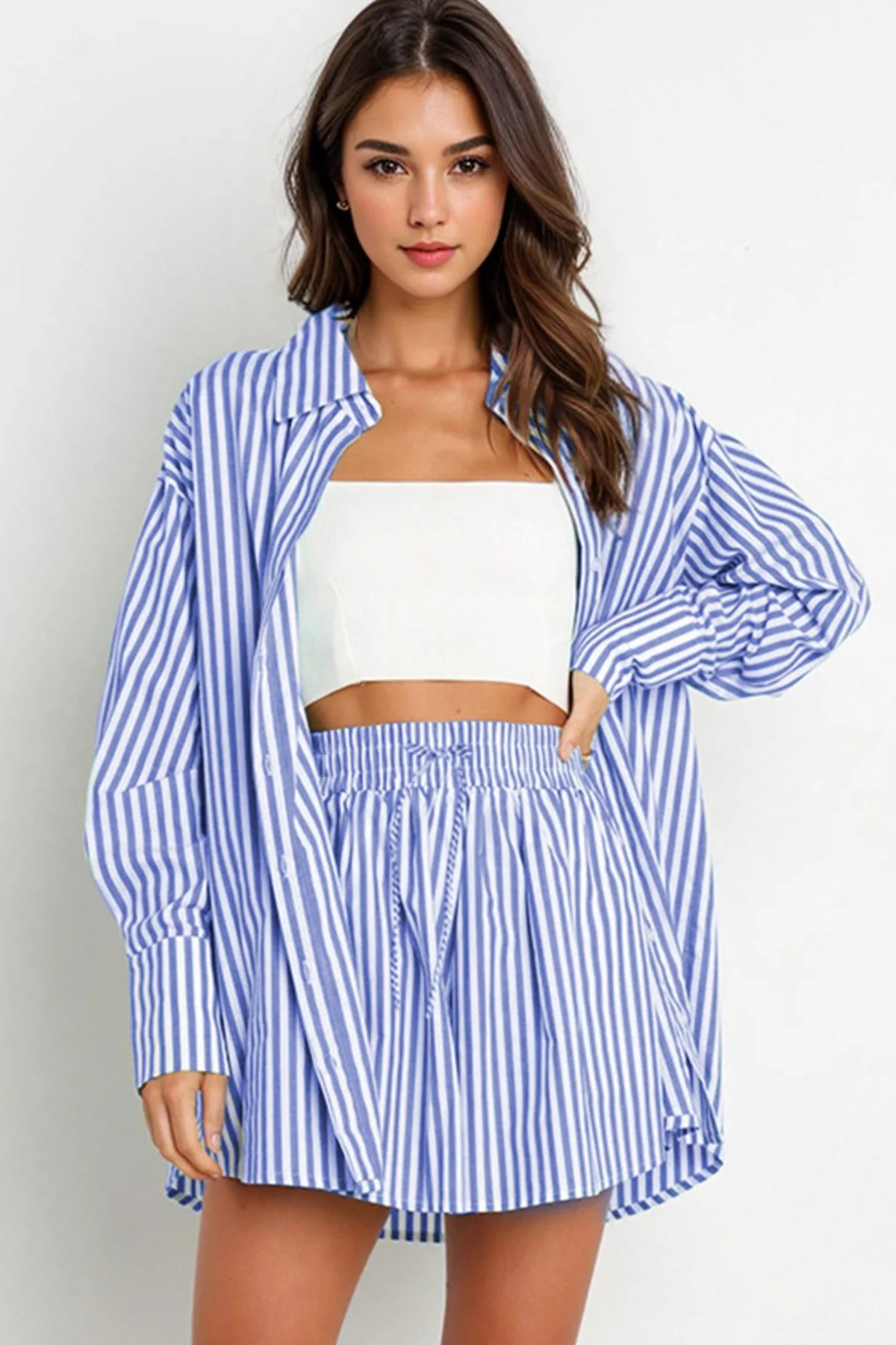 KATCH ME Stripe Collared Button-Up Shirt Drawstring Shorts Co-ord Set - Image 10