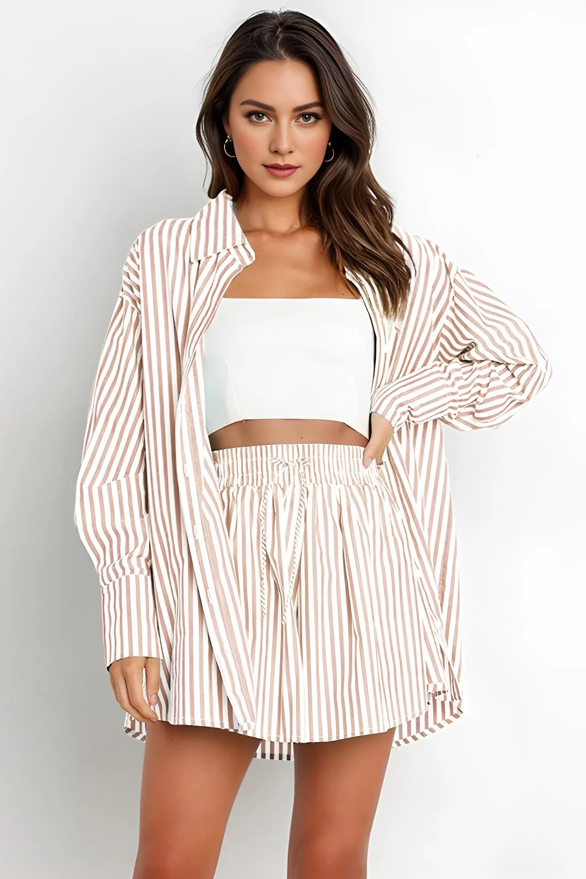 KATCH ME Stripe Collared Button-Up Shirt Drawstring Shorts Co-ord Set - Image 12