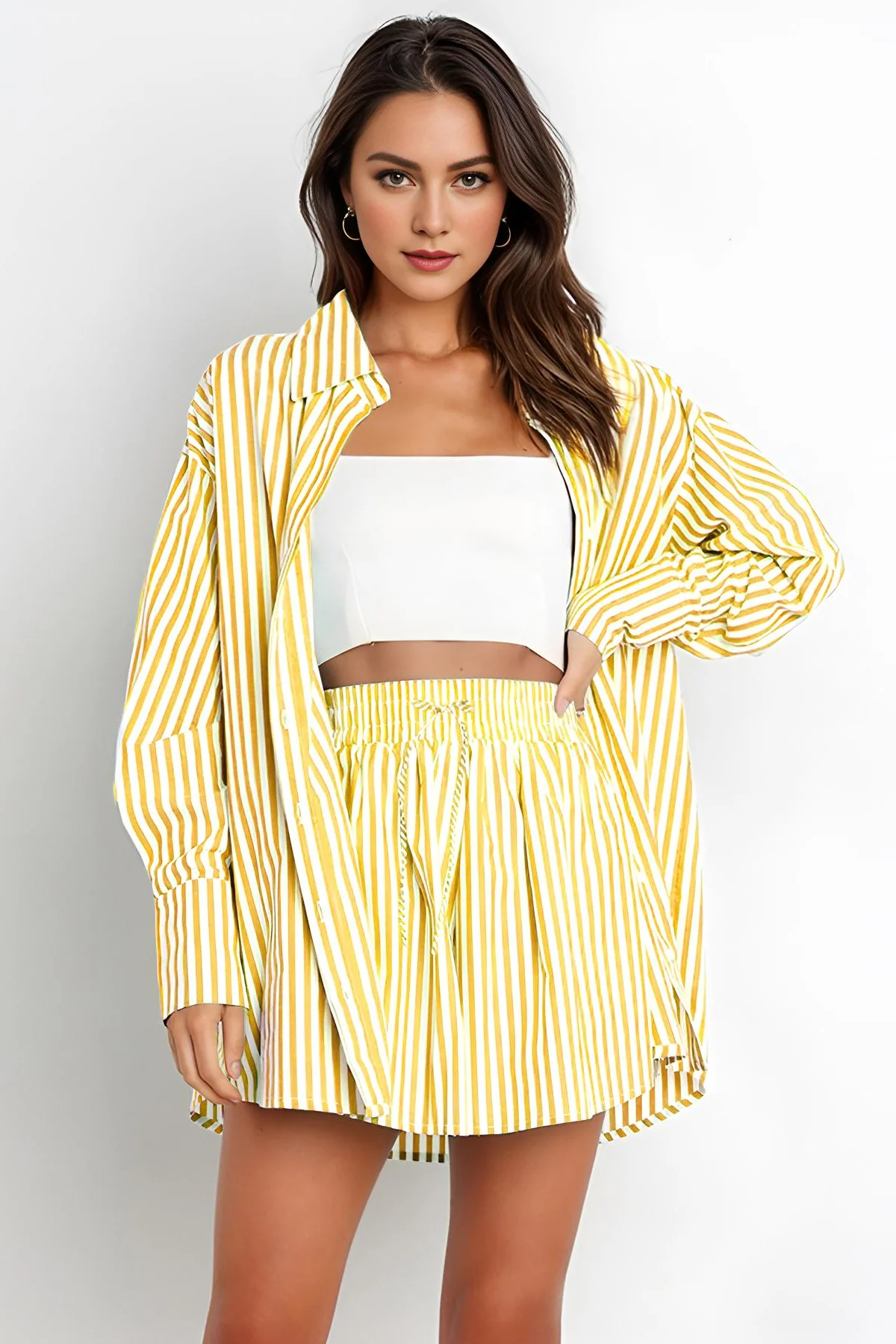 KATCH ME Stripe Collared Button-Up Shirt Drawstring Shorts Co-ord Set - Image 4