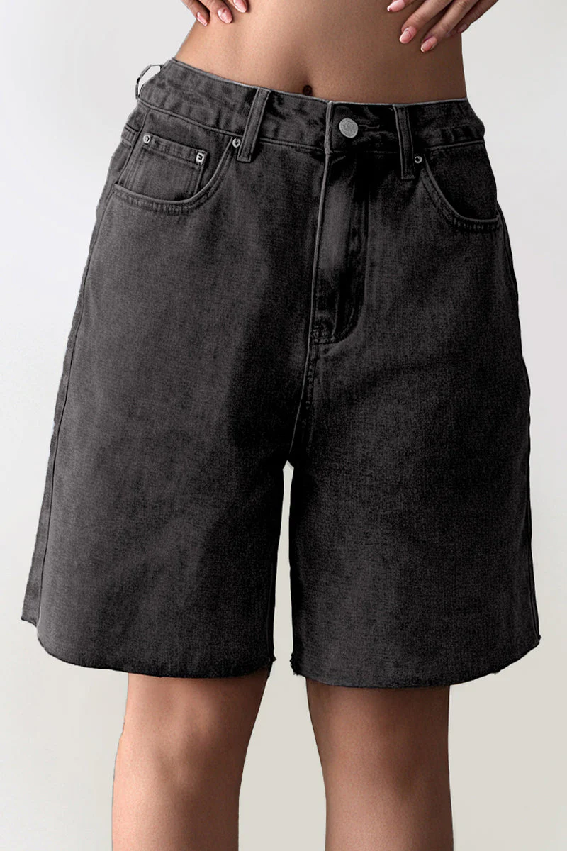 Katchme Mid-Rise Tassel Hem Baggy Denim Shorts