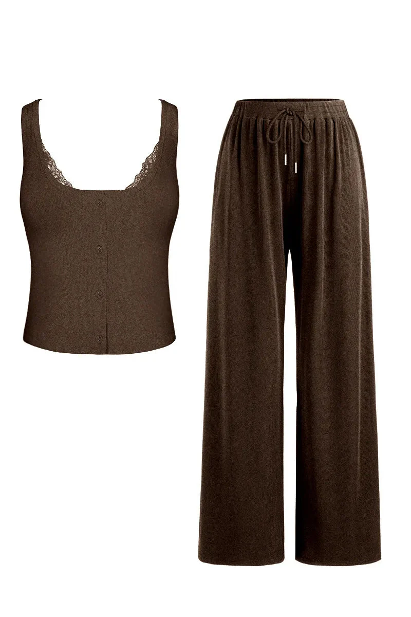 KATCH ME U-Neck Button Decor Tank Top & Wide Leg Trousers Lace Trim Camisole 3-Piece Set