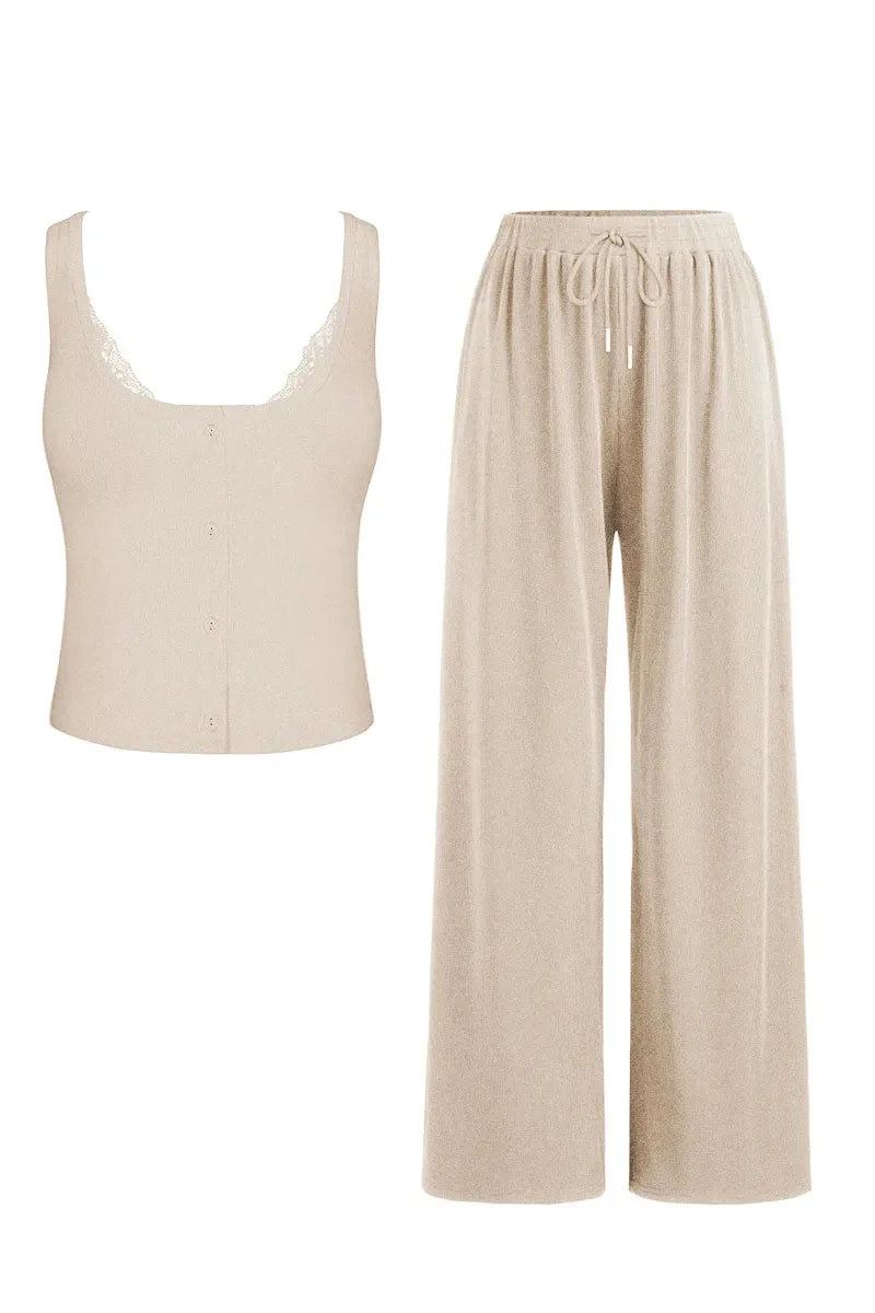 KATCH ME U-Neck Button Decor Tank Top & Wide Leg Trousers Lace Trim Camisole 3-Piece Set - Image 2