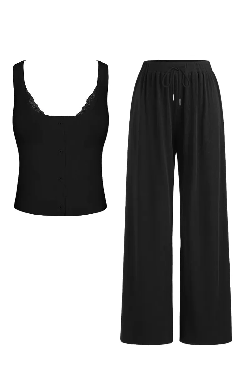 KATCH ME U-Neck Button Decor Tank Top & Wide Leg Trousers Lace Trim Camisole 3-Piece Set - Image 3