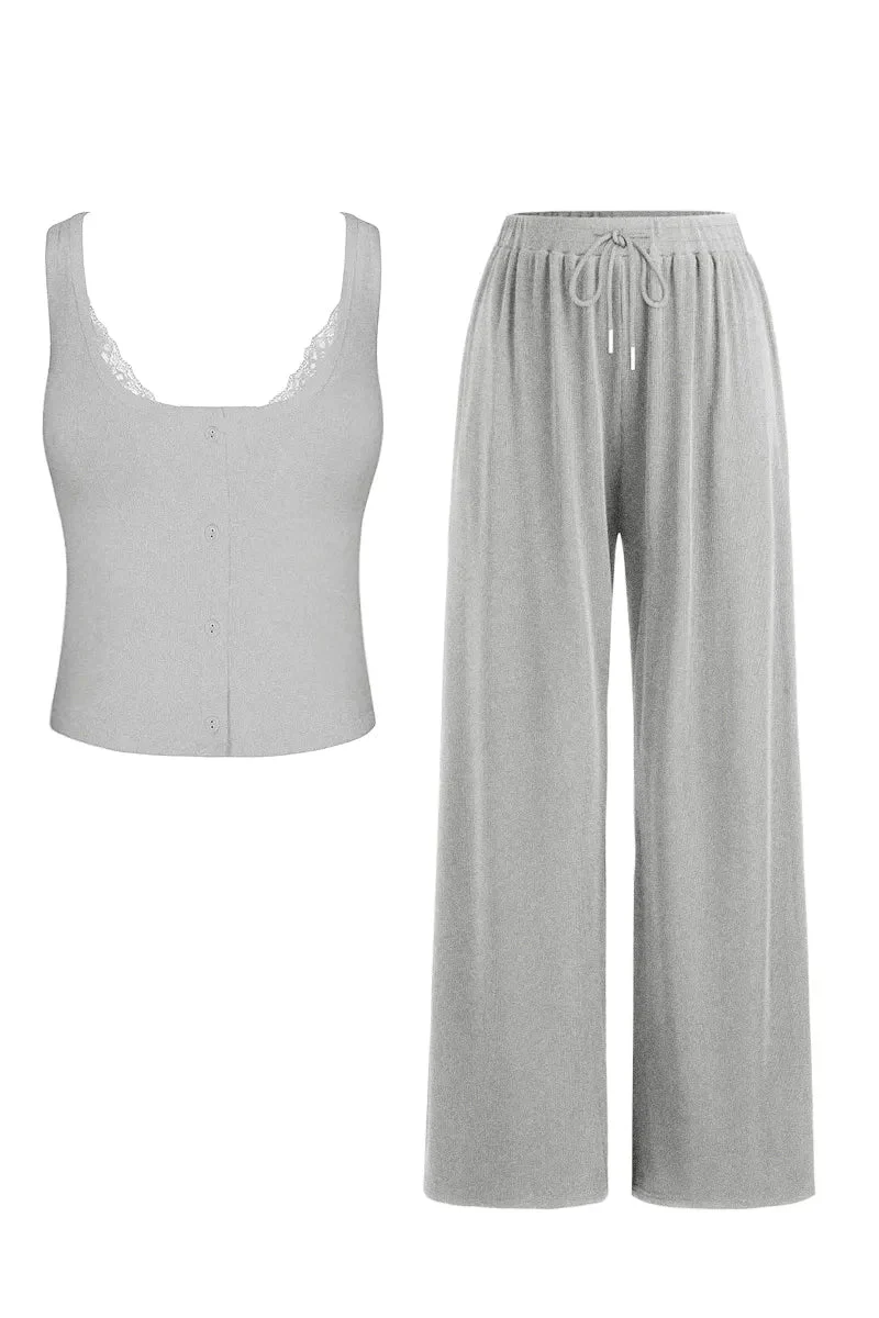 KATCH ME U-Neck Button Decor Tank Top & Wide Leg Trousers Lace Trim Camisole 3-Piece Set - Image 4