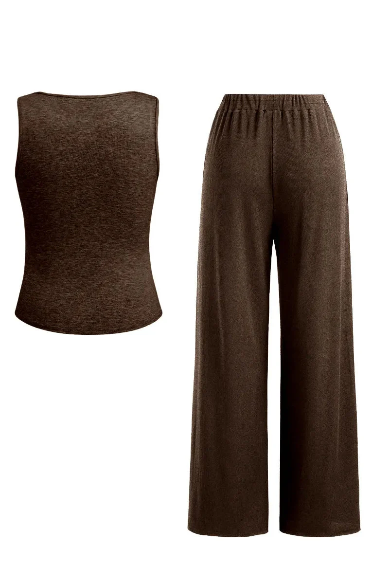 KATCH ME U-Neck Button Decor Tank Top & Wide Leg Trousers Lace Trim Camisole 3-Piece Set - Image 5