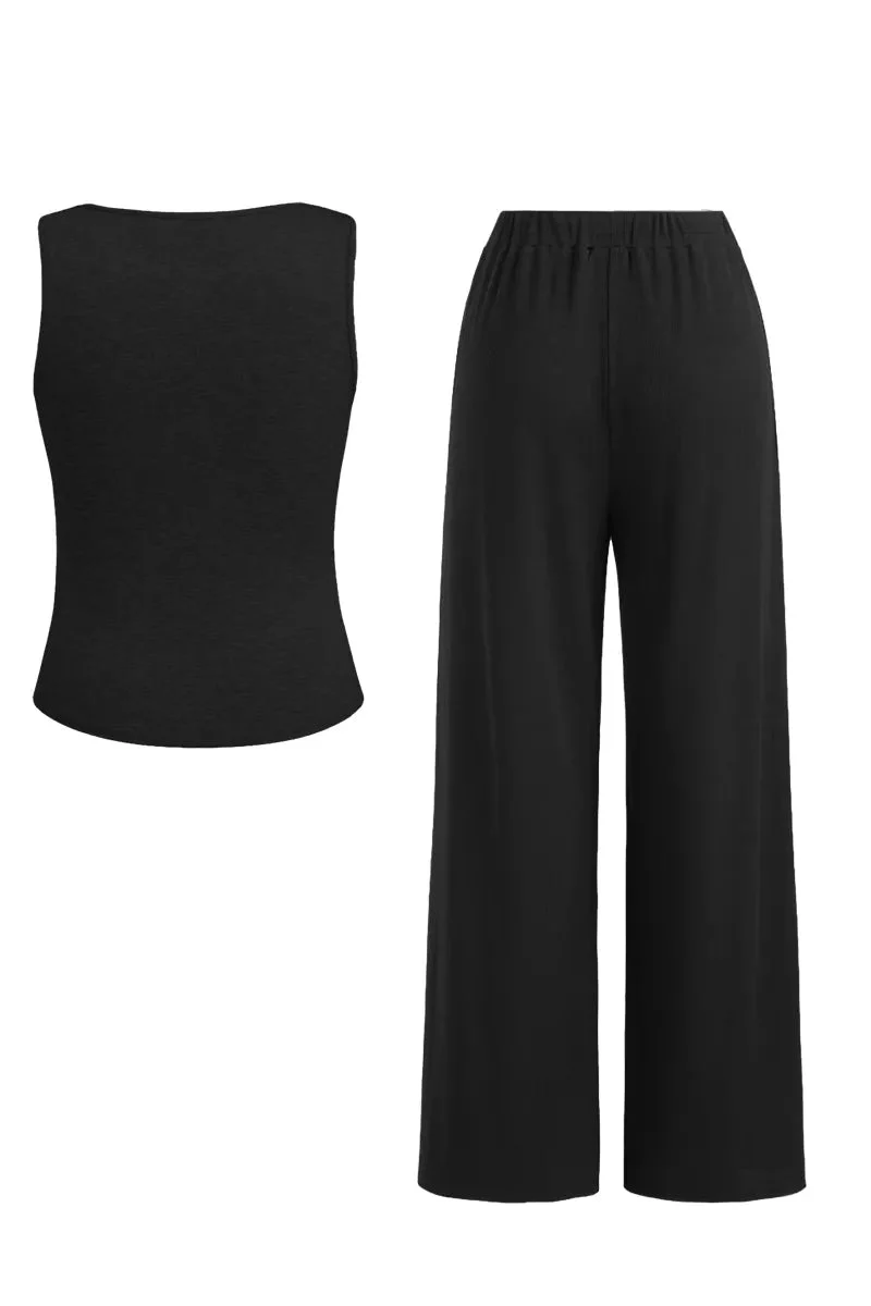 KATCH ME U-Neck Button Decor Tank Top & Wide Leg Trousers Lace Trim Camisole 3-Piece Set - Image 6