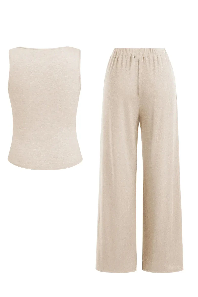 KATCH ME U-Neck Button Decor Tank Top & Wide Leg Trousers Lace Trim Camisole 3-Piece Set - Image 7