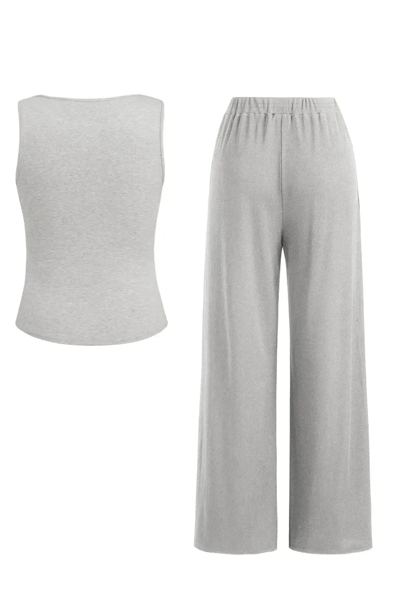 KATCH ME U-Neck Button Decor Tank Top & Wide Leg Trousers Lace Trim Camisole 3-Piece Set - Image 8