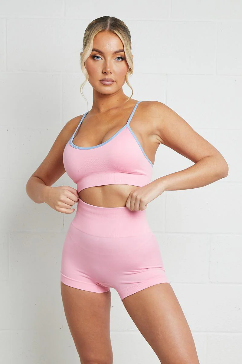 KATCH ME Contrast U Neck Straps Top & High Waist Shorts Yoga Co-ord Set - Image 7