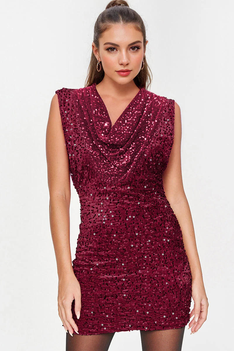 KATCH ME Cowl Neck Cap Sleeve Sequin Slinky Mini Dress - Image 2