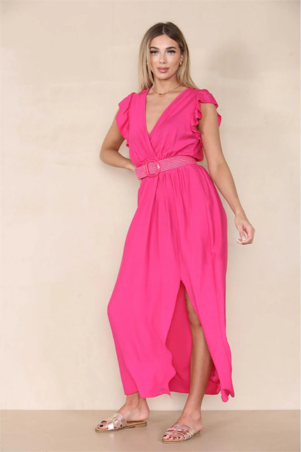 KATCH ME Solid V Neck Puff Sleeve Tie-Up Slit Maxi Dress