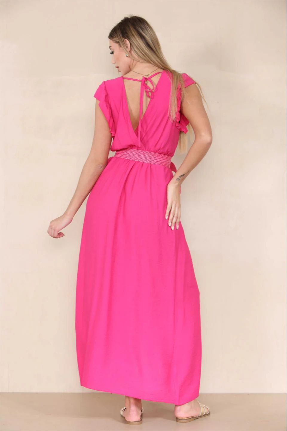 KATCH ME Solid V Neck Puff Sleeve Tie-Up Slit Maxi Dress - Image 2