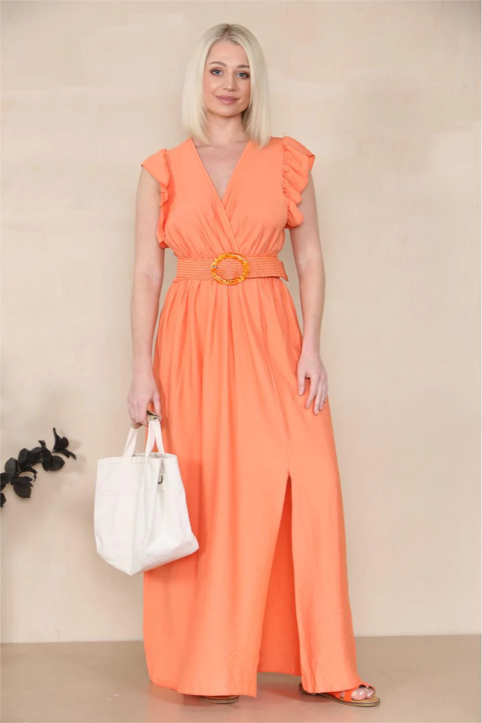 KATCH ME Solid V Neck Puff Sleeve Tie-Up Slit Maxi Dress - Image 3