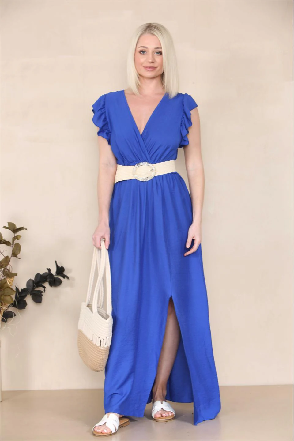 KATCH ME Solid V Neck Puff Sleeve Tie-Up Slit Maxi Dress - Image 4