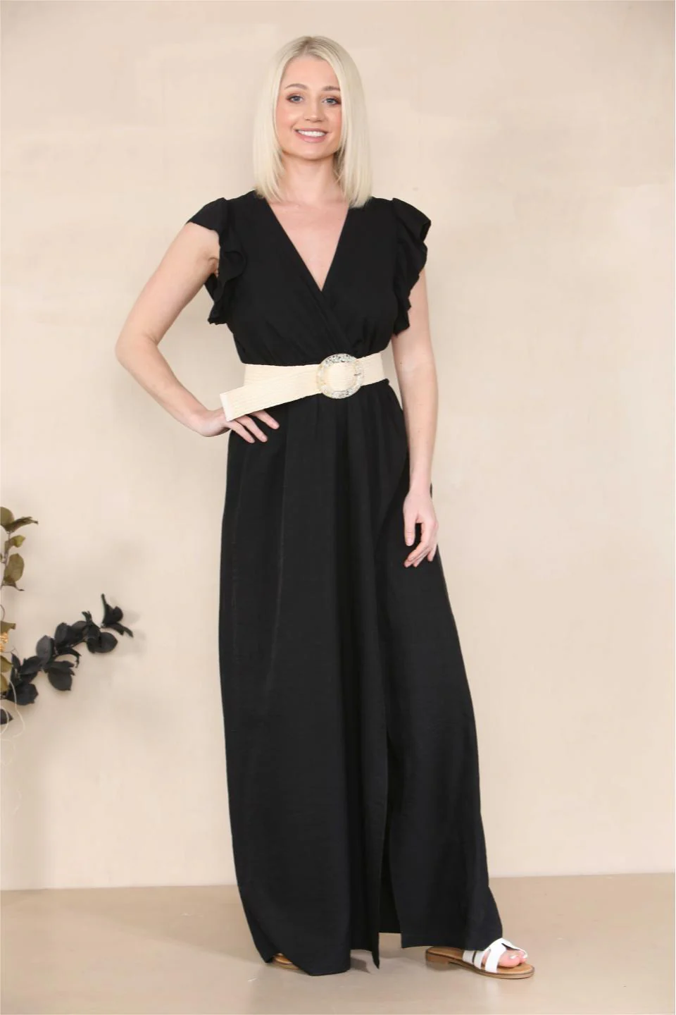 KATCH ME Solid V Neck Puff Sleeve Tie-Up Slit Maxi Dress - Image 6