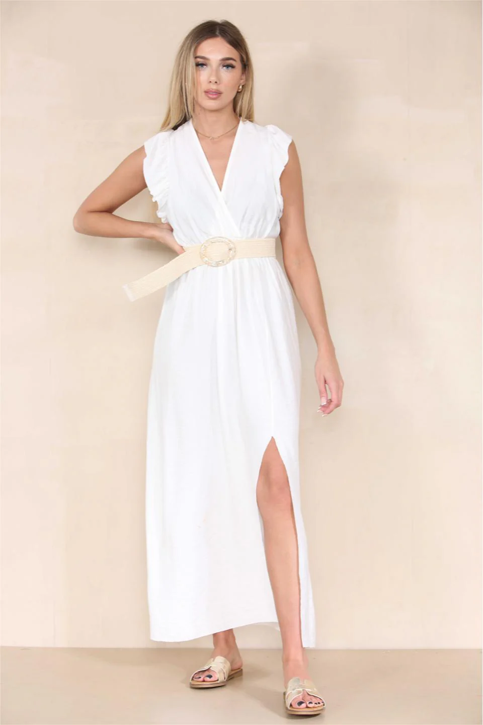 KATCH ME Solid V Neck Puff Sleeve Tie-Up Slit Maxi Dress - Image 7