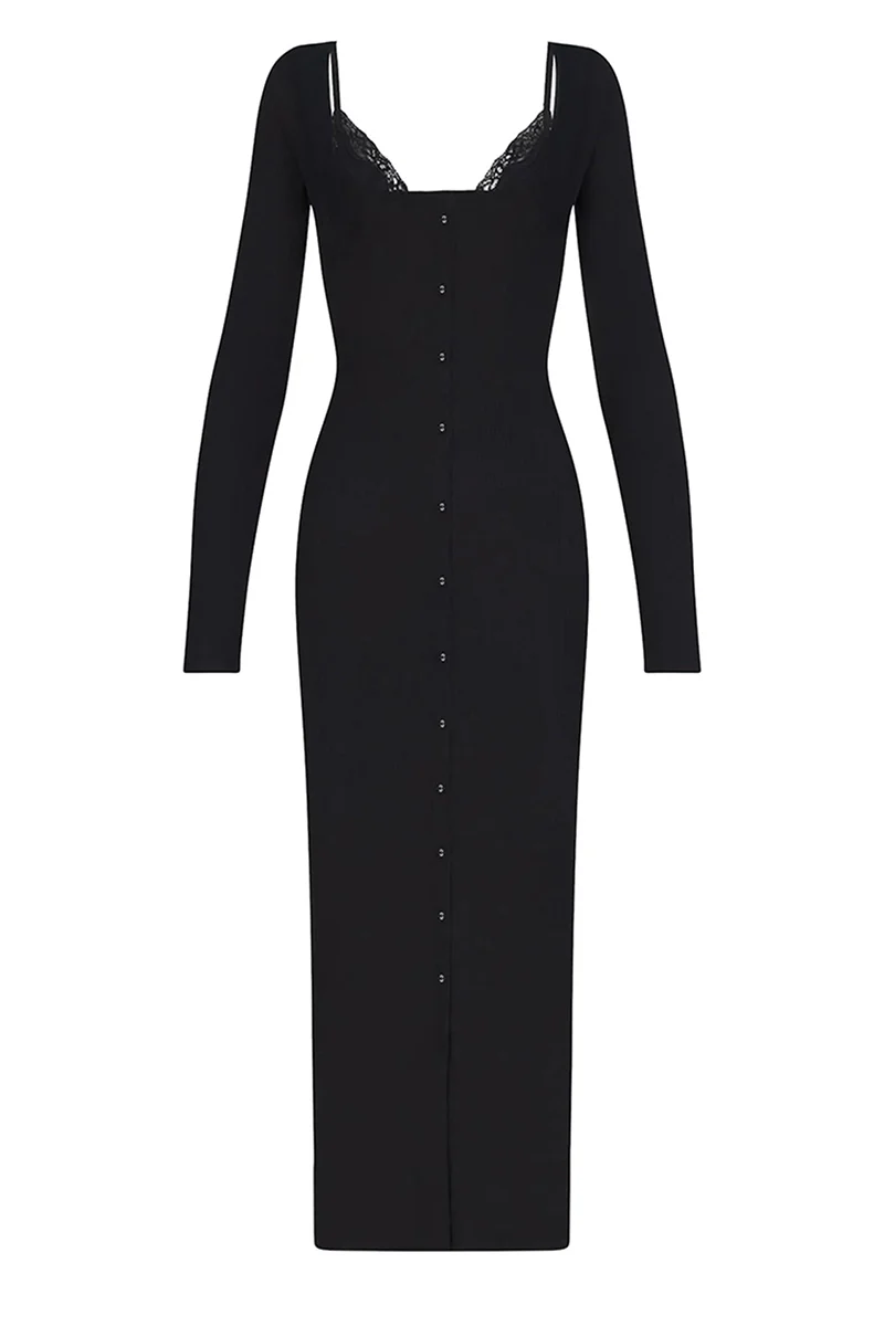 KATCH ME Slinky Lace Trim U Neck Button Maxi Dress - Image 5