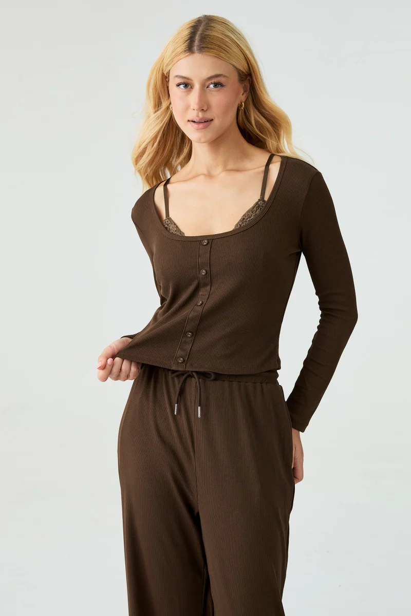 KATCH ME U-Neck Long Sleeve Top & Drawstring Waist Trousers with Lace Trim Camisole Three-Piece Set - Image 5