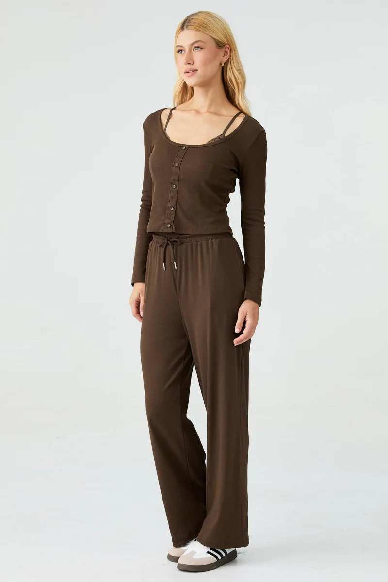 KATCH ME U-Neck Long Sleeve Top & Drawstring Waist Trousers with Lace Trim Camisole Three-Piece Set - Image 6