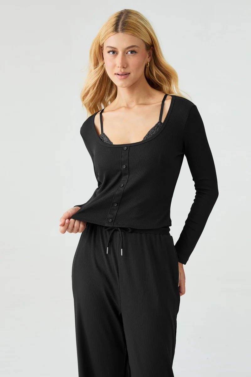 KATCH ME U-Neck Long Sleeve Top & Drawstring Waist Trousers with Lace Trim Camisole Three-Piece Set - Image 8