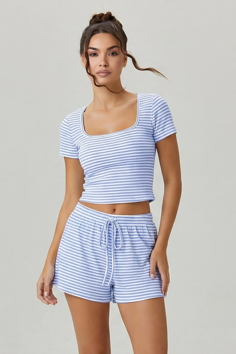 KATCH ME Co Ords Stripe Square Neck Short Sleeve Top Shorts