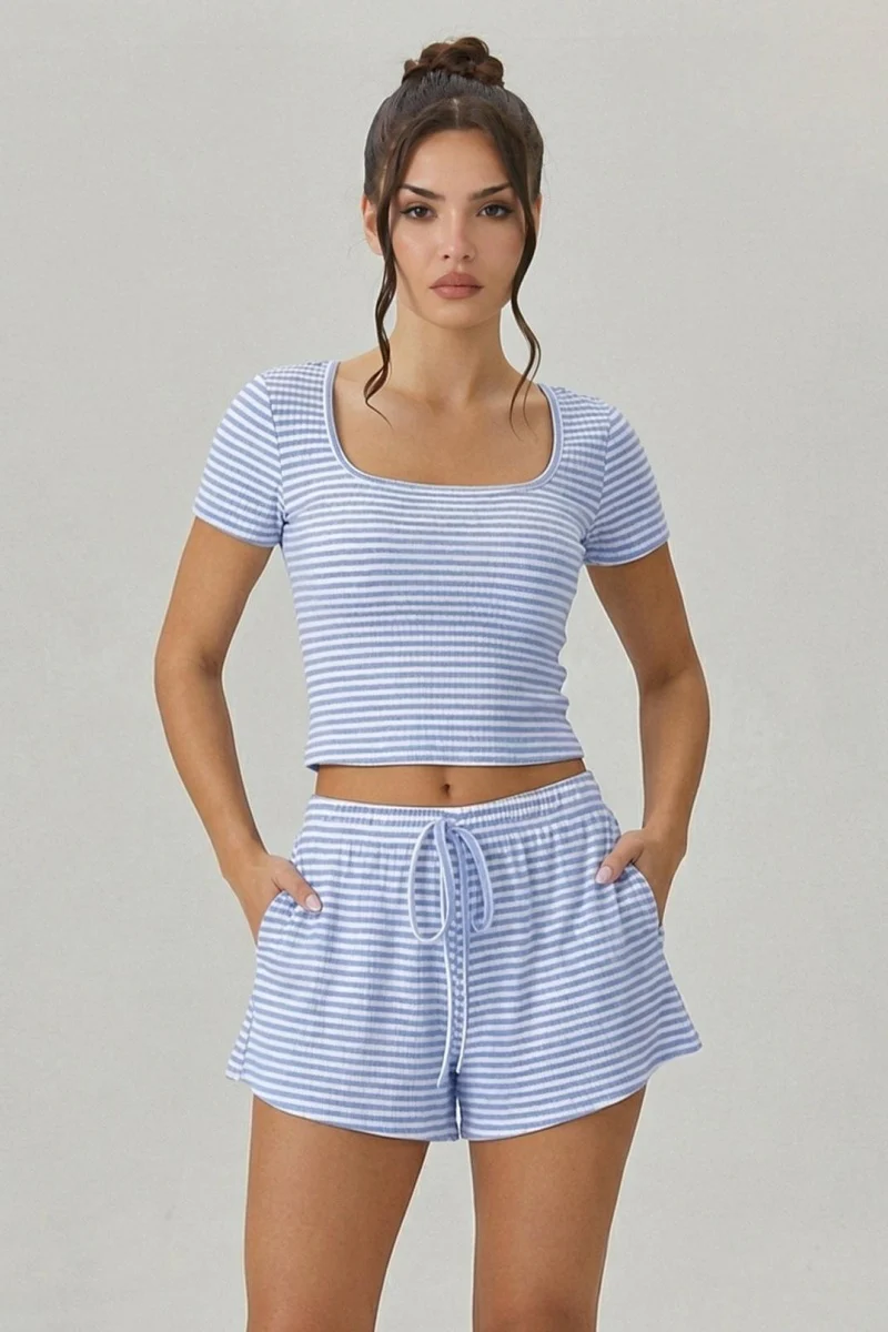 KATCH ME Co Ords Stripe Square Neck Short Sleeve Top Shorts - Image 2
