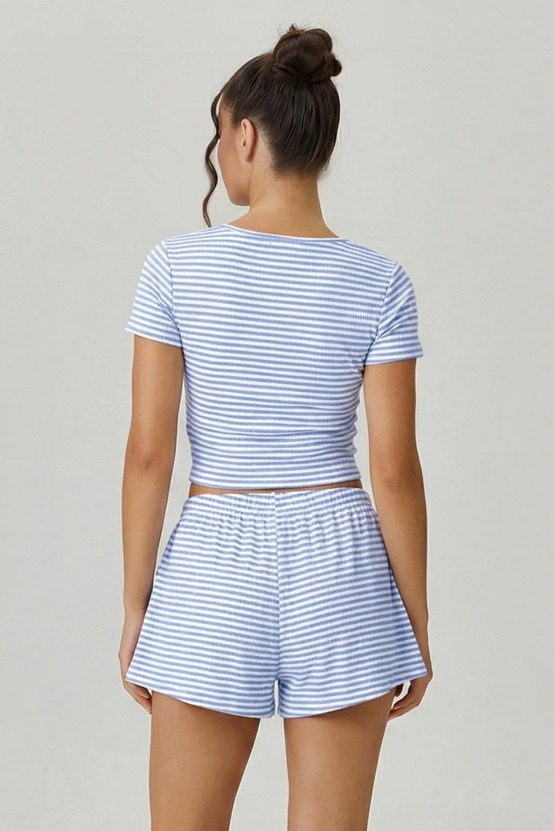 KATCH ME Co Ords Stripe Square Neck Short Sleeve Top Shorts - Image 3
