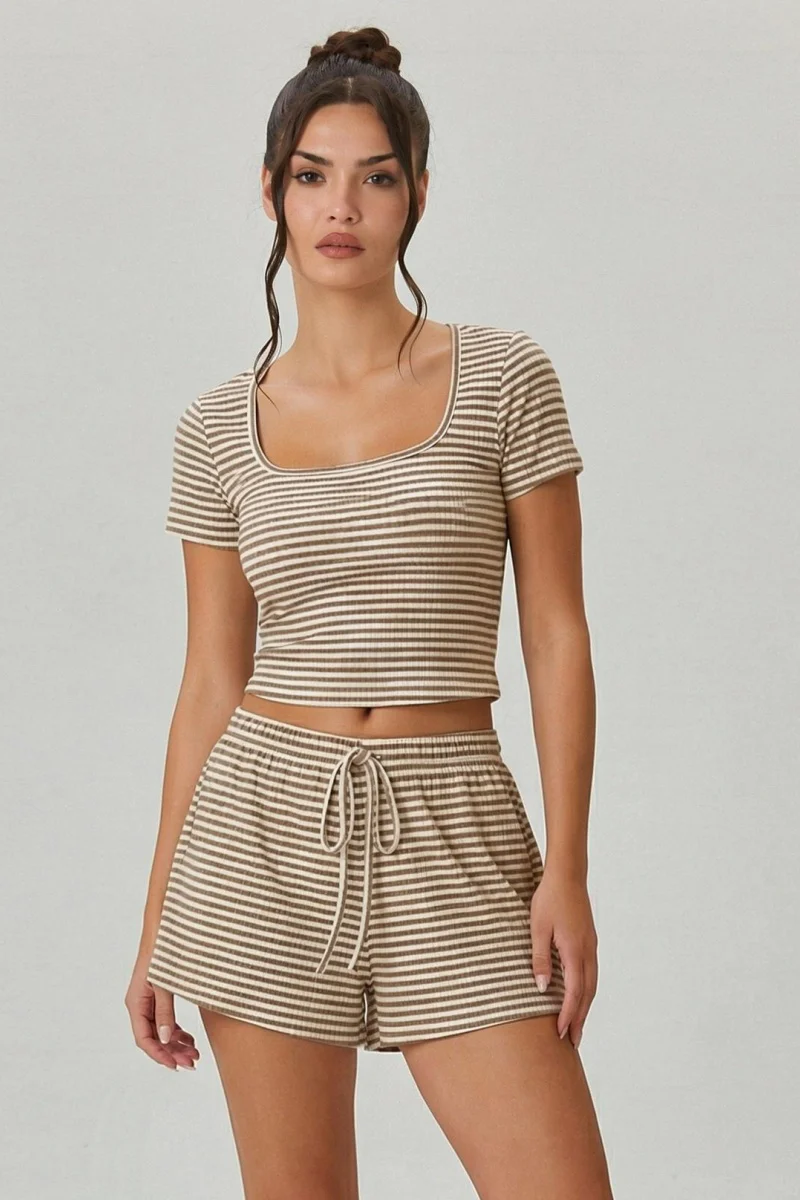 KATCH ME Co Ords Stripe Square Neck Short Sleeve Top Shorts - Image 4