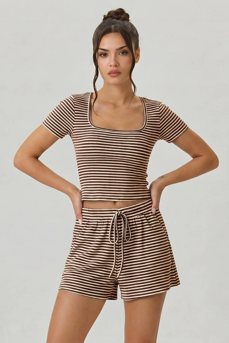 KATCH ME Co Ords Stripe Square Neck Short Sleeve Top Shorts - Image 6