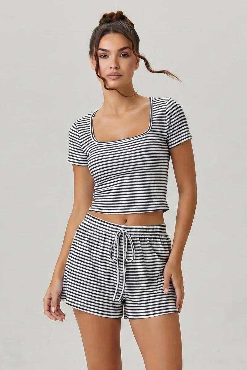 KATCH ME Co Ords Stripe Square Neck Short Sleeve Top Shorts - Image 7