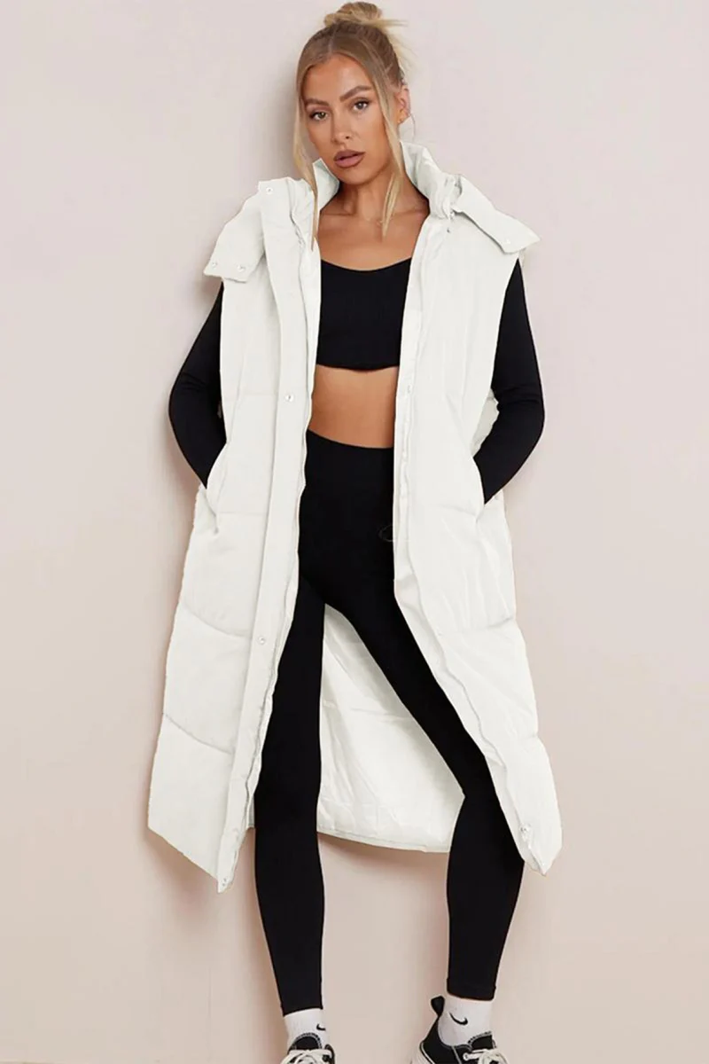 KATCH ME Look Solid Color Hooded Waist Tie Zip-Up Long Gilet Vest