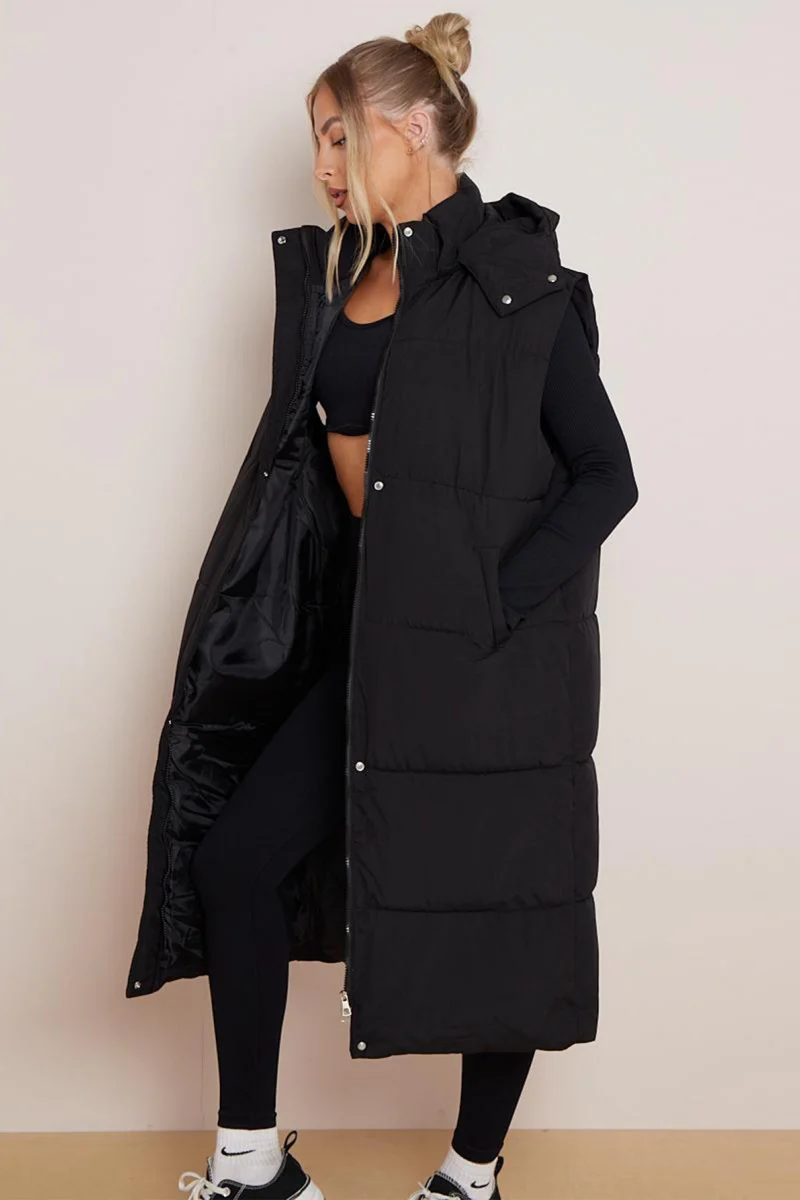 KATCH ME Look Solid Color Hooded Waist Tie Zip-Up Long Gilet Vest - Image 2