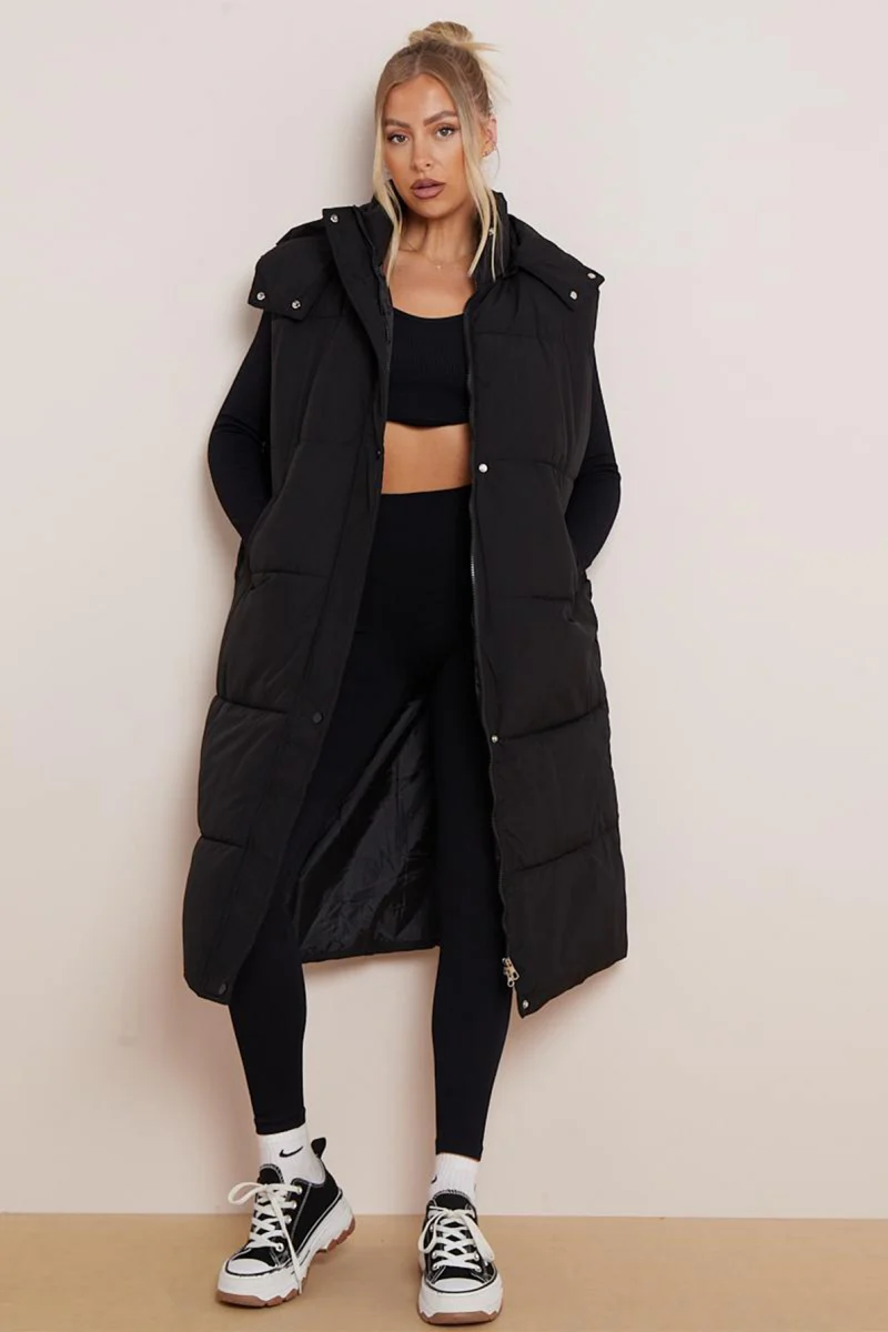 KATCH ME Look Solid Color Hooded Waist Tie Zip-Up Long Gilet Vest - Image 3