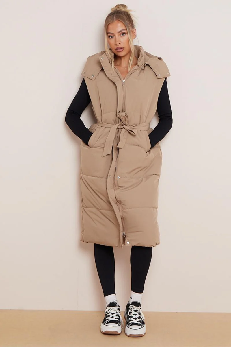 KATCH ME Look Solid Color Hooded Waist Tie Zip-Up Long Gilet Vest - Image 4